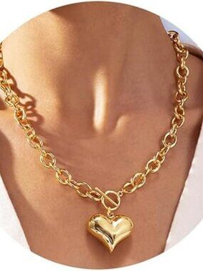 NEW Chunky Gold Heart Necklace 14K Gold Plated Chunky Cuban Large Heart Pendant